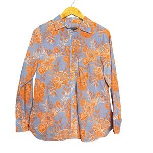 Talbots Shirt Womens S Blue Orange Floral Print Button Down Vacation Resort